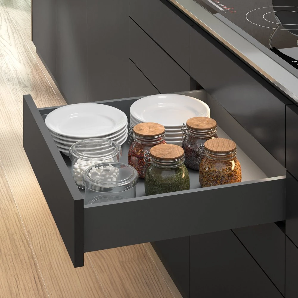 Cajón Exterior Vertex Push Sincro Con Regulación 3D De Altura 93mm, 40kg, Profundidad 350mm, Acero, Gris Antracita - Emuca 6 Cajón Exterior Vertex Push Sincro Con Regulación 3D De Altura 93mm, 40kg, Profundidad 350mm, Acero, Gris Antracita - Emuca - Imagen 4