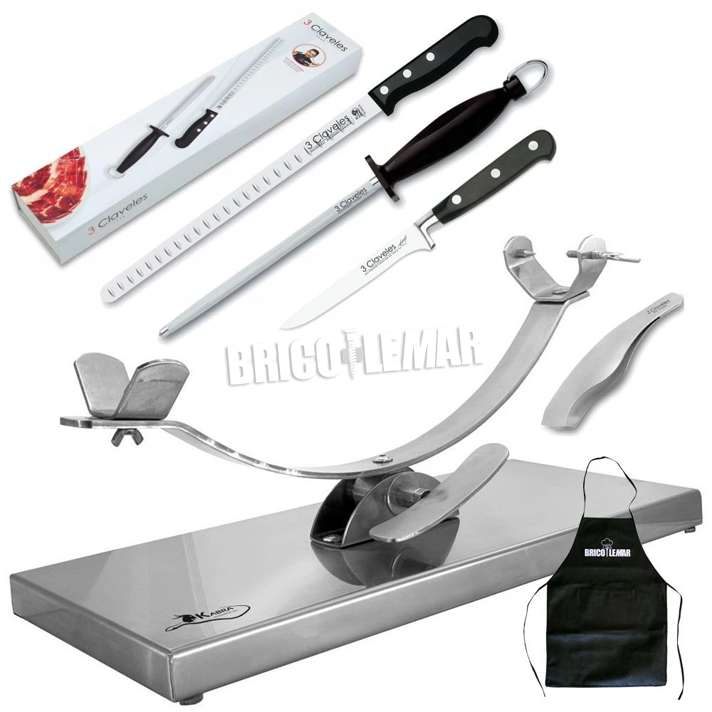 Jamonero Con Balancin Inox Kabra + Cuchillo Jamonero Y Deshuesador + Chaira + Pinza Para Jamon + Delantal De Regalo 3 Jamonero Con Balancin Inox Kabra + Cuchillo Jamonero Y Deshuesador + Chaira + Pinza Para Jamon + Delantal De Regalo