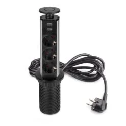 Multiconector Extraíble Vertikal, 3 Enchufes Tipo Schuko, 2 USB Tipo A, Plástico Y Aluminio, Pintado Negro - Emuca
