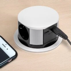 Multiconector Vertikal Push Blanco D.100mm 3 Schuko 1 USB-A 1 USB-C - Emuca -Brico Lemar Comercio multiconector vertikal push blanco d100mm 3 schuko 1 usb a 1 usb c emuca 1